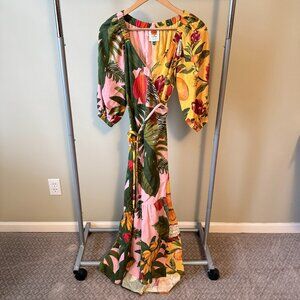 Farm Rio Tropical Fruit Wrap Maxi Dress Puff Sleeve Size S